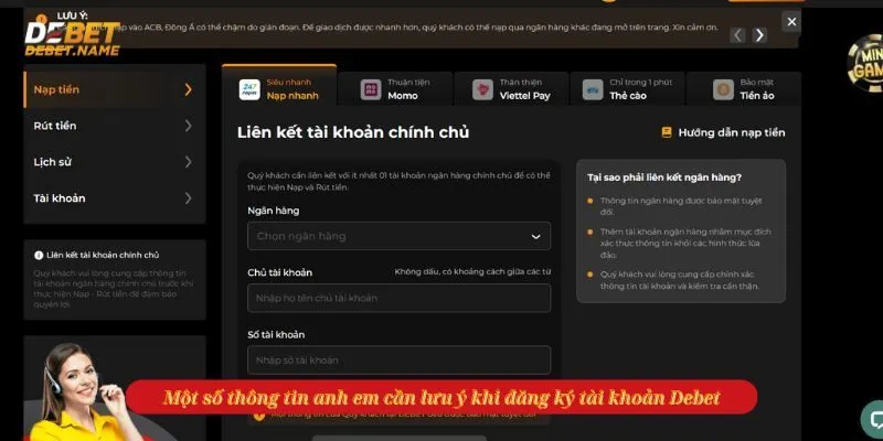 Một số thông tin anh em cần lưu ý khi đăng ký tài khoản Debet